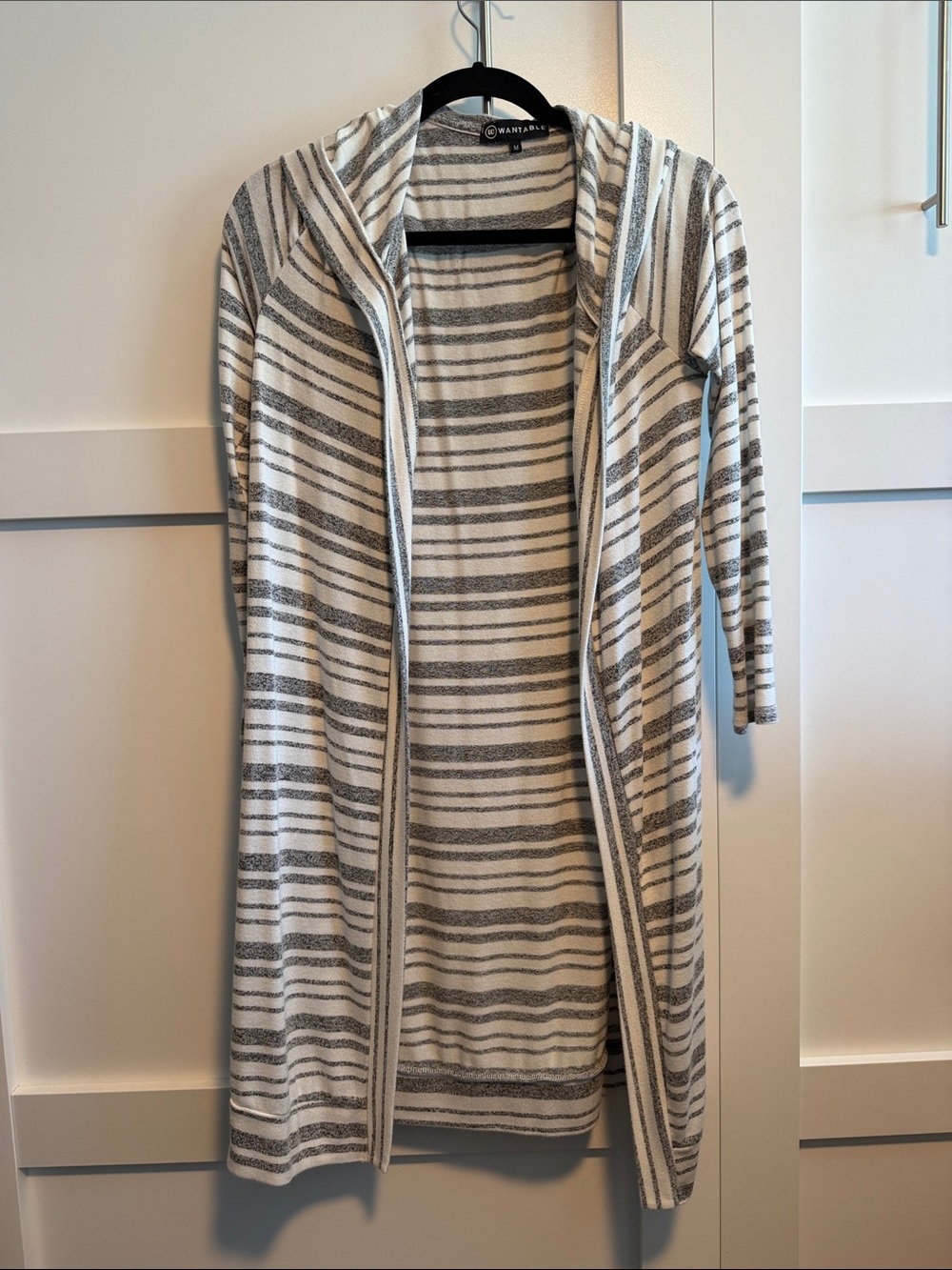 Striped Hooded Open-Front Cardigan - Gray & White